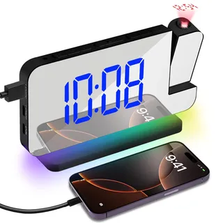 Adiwo Projektionswecker, Wecker mit Projektion LED Bildschirm, USB-C-Anschluss, Einstellbare Helligkeit Alarmlautstärke, für Schlafzimmer, Decke, Wand, Haus, Kinder, Senioren