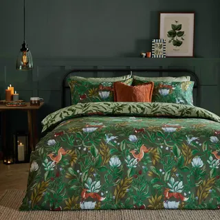 furn. Into The Woods Bettbezug-Set – Wende-Bettwäscheset aus Baumwollmischung mit Waldtieren (Waldgrün – Doppelbett)