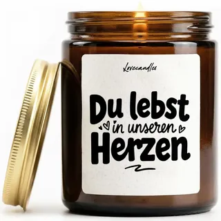 Du lebst in unseren Herzen - Duftkerze mit Spruch als Geschenk für Abschied, Freundschaft, Kollegin, Freundin, Lustige Vanille Duftkerzen im Glas