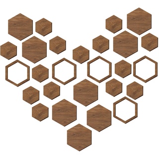 UINO Sechseckige Wanddekorationen - 27-teiliges Hexagon-Wanddekor-Holzdekorationsset - Selbstklebende Waben-Holz-Wand-Kunst-Tapeten-Dekorationen für Wohnzimmer-Küchen-Badezimmer