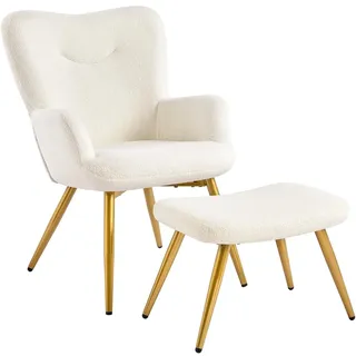 Yaheetech Sessel Ohrensessel mit Hocker aus Boucle-Gewebe, Relaxsessel mit Fußstütze, Loungesessel mit klappbarer Rückenlehne, TV-Sessel für