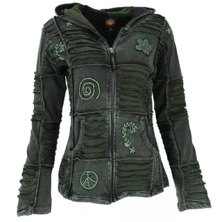GURU SHOP Goa Patchwork Jacke, Boho Kapuzenjacke - Dunkelgrün, Damen, Size:XL - 44