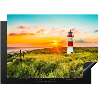 KitchenYeah© Herdabdeckplatte Einteilig Herdabdeckung Abdeckplatte für Ceranfeld Abdeckung Induktionskochfeld Aufrollbare Matte Leuchtturm - Sonne - Landschaft - Gras - Strand - Meer - 75x52 cm