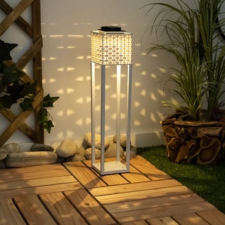 Solar Fackeln Quader Deko Solarleuchte Erdspitz mit weißem Rattan Design, LED warmweiß mit Schalter, H 62 cm, Garten Balkon