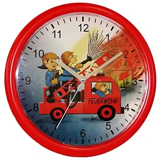 Eurotime Kinder Wanduhr Feuerwehr, kein Ticken, schleichende Sekunde (geräuscharm) 25 cm; 80025-01