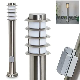 HOFSTEIN Außenstehleuchte Tunes mit Steckdose, Außenwegeleuchte aus Metall/Kunststoff in Nickel-matt/Weiß, moderne Wegeleuchte für Garten, Außenbereich, Hof, Höhe 80 cm, E27, IP44