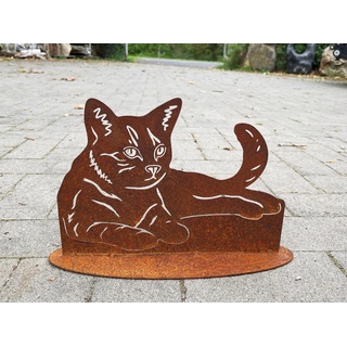 Gartenfigur getigerte Katze liegend auf Platte 20x28cm Edelrost Gartendeko Wetterfest Rost Metall Rostfigur Katzen Tier von Steinfigurenwelt