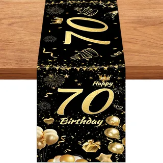 Tischläufer 70 Geburtstag, 33 x 183 cm Schwarz Gold Geburtstag Tischläufer | Tischläufer zum 70 Geburtstag,Tischläufer 70 Jahre,Tischdecke Geburtstag 70,Happy 70th Birthday Tischband für Männer Frauen