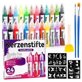 Feirdhoo Kerzenstifte Wachsstifte Set,10 ml Kerzenzeichenstift mit 3 zufällige Ausmalvorlagen und Schwammstempel,24 Farbige DIY Bastelpinsel,Kerzen Bemalen Set für Dekorative und Design Kerzen