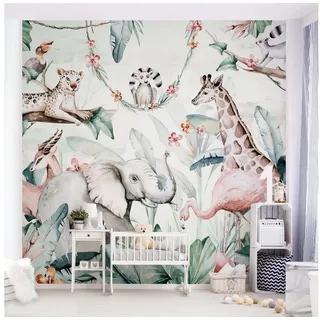 Bilderdepot24 Kindertapete Kinderzimmer Aquarell Afrika Tiere Wanddeko Giraffe Elefant Flamingo, Glatt, Matt, (Vliestapete inkl. Kleister oder selbstklebend), Mädchenzimmer Jungenzimmer Babyzimmer Bildtapete Fototapete Wandtapete grün 1.92 m x 1.92 m