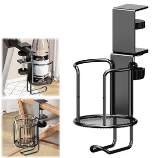 Becherhalter Schreibtisch Flaschenhalter Getränkehalter Tisch, Drehbar Cup Holder mit Haken Einstellbar Trinkbecherhalter Clip Metal Getränkehalter für Getränke Wasser Kaffeetasse, 1 Stück (Schwarz 1)