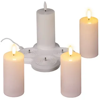 Spetebo LED Dekolicht LED Kerze warm weiß aufladbar mit Ladestation 4er Set, An / Aus, LED fest integriert, warm weiß, Künstliche kleine Stumpenkerze mit Flackereffekt Akku betrieben weiß Ø 5 cm x 15 cm