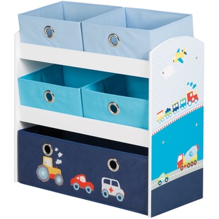 roba Spielzeugregal Rennfahrer - Spielregal für Kinderzimmer mit 5 Boxen aus Stoff - mit Auto Motiv in Blau - Aufbewahrungsregal für Jungen und Mädchen - Holz weiß