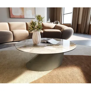 DELIFE Couchtisch Edge, Rund 90x90 cm Keramik Minas Melange Conis Metall Effektfinish Titan beige|weiß Gerade Kante Rund | 90 cm x 34 cm x 90 cm