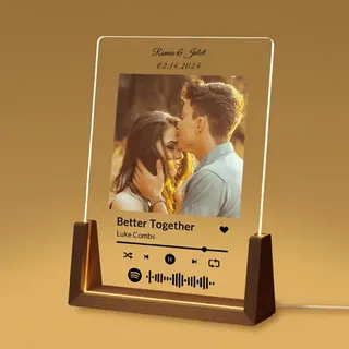 SENSING Spotify Glas Personalisiert mit Foto, Song Cover Acrylglas mit Spotify Code, Geschenk für Freundin Freund, Jahrestag Geburtstag Valentinstag, optional mit LED Holzsockel