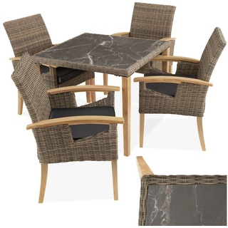 tectake Sitzgruppe Rattan Tisch Tarent mit 4 Stühlen Rosarno, (Set, 5-tlg), Esstisch-Set beige