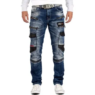 Cipo & Baxx Bikerjeans Herren Straight Fit Hose Stonewashed BA-CD561 4 Zipper und Cargostil Seitentaschen blau 40