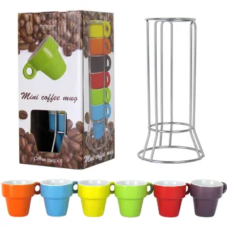 Lentz 7-teiliges Espresso-Set 6 Stück bunte Espressotassen aus Steingut inkl. Metallhalterung für 6 Personen