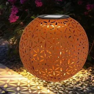 Kugel Solarleuchten für den Garten rund led Solar Gartenleuchten orientalisch rost Kugel Solarkugel für Außen, Metall, 1x led warmweiß, DxH 18x54 cm
