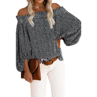 Damen Langarm Bluse schulterfrei Top Shirt Oberteile schulterfrei T-Shirt Pullover lässig langärmelig Bluse Tunika Tops schulterfrei Blusen sexy Oberteile Chiffon Laternenärmel lässiges T-Shirt - XL