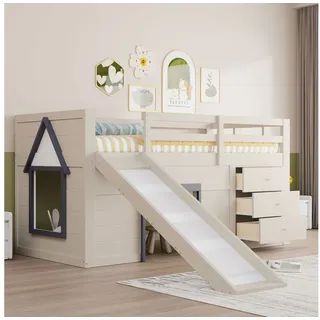 Flieks Hochbett Hausform Kinderbett 90x200cm mit 3 Schubladen, Leiter und Rutsche beige 107 cm