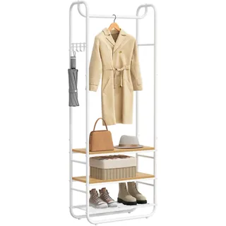 VASAGLE Garderobenständer, Garderobe, Kleiderständer, mit Schuhablage, Schuhregal, Flur, Schlafzimmer, 58 x 28 x 181 cm, skandinavisch, weiß + gold HSR81WN