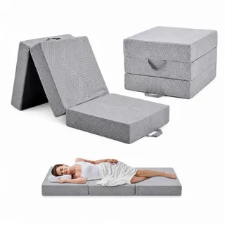 Klappmatratze 3-teilig H3 Faltmatratze Gästematratze Gel Memory Foamkern, Tragegriff, emerspring, 15 cm hoch, Ideal als Gästebett, Bodenmatratze und Campingmatratze grau 65 cm x 195 cm x 15 cm
