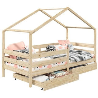 Idimex Hausbett ENA aus massiver Kiefer, schönes Montessoribett in 90 x 200 cm, Kinderbett mit Rausfallschutz, stabiles Spielbet mit Dach und 2 Schublade...