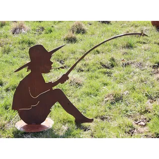 Gartenfigur Angler Manni mit Fisch 60x90cm auf Platte Edelrost Gartendeko Wetterfest Rost Metall Rostfigur Teich Deko Maritim Metallfigur