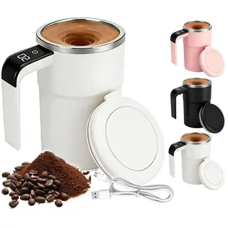 PRIISF Thermobecher Elektrischer Selbstrührende Kaffeebecher 380ml Automatischer Mixbecher, Edelstahl-304, Magnetische Selbstrührende Tasse Temperaturanzeige Wiederaufladbarer weiß