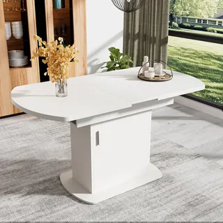 Merax Ausziehbarer Ovaler Esstisch - Moderner Minimalistischer Multifunktionaler Tisch Mit Stauraum für Küche und Esszimmer - Weiß Mit Silber Griff, L:110/130W