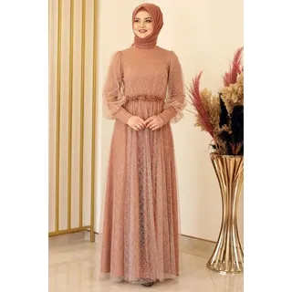 fashionshowcase Abendkleid silbriges Tüllkleid Abiye Abaya Hijab Kleid Maxikleid (SIMLI GAMZE) (ohne Hijab) Hoher Kragen, kein Ausschnitt. braun 42(EU 40)