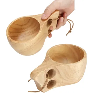 2 Stück Holz-Campingbecher, Kuksa Holz-Camp-Becher Mit Lederband, Nordischer Stil, Holzbecher, Trinkbecher, Tragbares Wandergeschirr