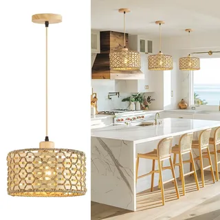 Schindora Lampenschirm HäNgelampe Rattan, 30Cm Boho 1-Licht NatüRlicher Bambus Esstisch Lampe Handgewebt Bambus Lampen E27 Holz Pendelleuchte FüR Schlafzimmer KüCheninsel Wohnzimmer