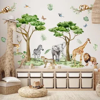 Dschungel Tiere Baum Zweig Wandaufkleber Waldtiere Baum Groß Wandaufkleber Wandtattoo Safari Löwe Tiger Elefant Giraffe Kinderzimmer Schlafzimmer Wanddeko