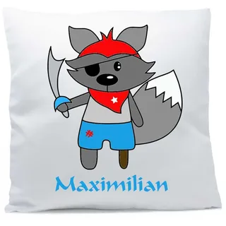 Kissen mit Namen Fuchs Pirat 40x40 cm inkl. Füllung Kuschelkissen, Kissen Farbe:Vorderseite weiß/RS mokka