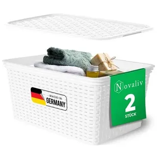 Novaliv 2er Set Eleganter Aufbewahrungskorb mit Deckel in Rattan-Optik | Weiß Lebensmittelecht Kunststoff 14L – Perfekt für Bad & Kleidungsaufbewa