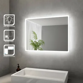 SONNI Badspiegel mit LED Beleuchtung energiesparend IP44 Kupfer/bleifreie Spiegel Mattiertes Lichtband(Ränder) Wandspiegel 80 x 60cm - Silber