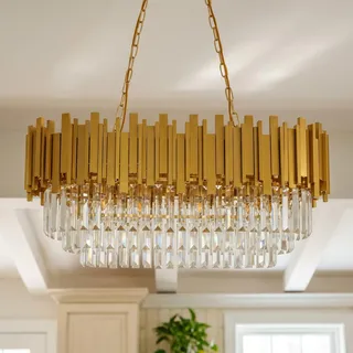 MSSIAN Goldener Kristall-Kronleuchter Pendelleuchte Oval, 8-Licht E14 Moderne Goldene Deckenlampe L80cm, Dimmbar Höhenverstellbare Kette 90cm, für Wohnzimmer Esszimmer Schlafzimmer Kücheninsel
