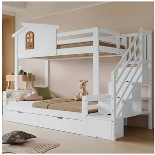 Merax Etagenbett 90x200cm/120x200cm mit Schubladen auf Rollen (1-St., Jugendbett Doppelbett Hausbett), Kiefer Stockbett Kinderbett mit Eckkleiderschrank, Fenstern & Geländer weiß