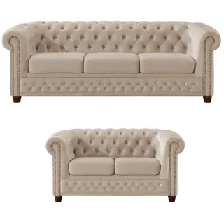 S-Style Chesterfield Polstergarnitur Samt 3-Sitzer + 2-Sitzer Beige
