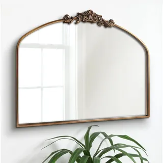 OUSHUAI Goldener gewölbter Spiegel für Wand, Barock-Kaminspiegel-Dekor, Messing-Wandspiegel, kunstvoller Spiegel für Eingangsbereich/Badezimmer/Wohnzimmer/Flur, 91.4x76.2 cm