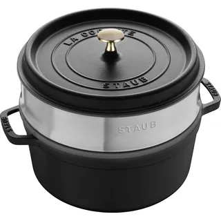 STAUB Cocotte, Gusseisen Bräter mit Dampfeinsatz aus Edelstahl, 26 cm, 5,25 L, Rund, Alle Herdarten inkl Induktion, Made in France, Schwarz
