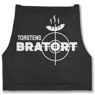 Schürze - Grillschürze - Bratort mit Name Geschenk Witzig Vatertag Weihnachten Geburtstag Papa - 85x69 - Jeans Schwarz - personalisierte kochschuerze küche kochschürze koch schürzen kochen - 85x69