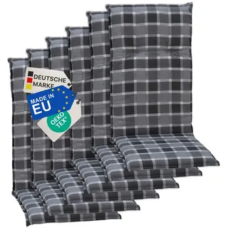NYVI Hochlehnerauflage Hochlehner Auflagen 6er Set Barcelona - Gartenstuhlauflagen 118x50cm, (6 St), Stuhlauflage, Sitzauflage mit Halteband, UV-fest, Kariert Karo grau