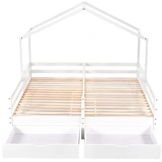 Luhomfu Haus-Doppelbett, Weiß, Holz, 90x200 cm, Kinder- & Jugendzimmer, Kindermöbel, Kinderbetten, Hausbetten