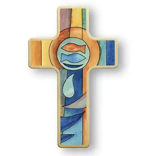Butzon & Bercker Kinderkreuz aus Buche 7x11cm - Fische - Wandkreuz | Farbiges Holzkreuz mit Fisch-Motiv - Ideal als Geschenk zur Taufe, Kommunion oder Einschulung für Kinderzimmer