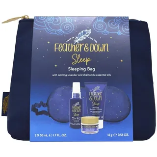Feather & Down Schlaftasche-Geschenkset (luxuriöse Augenmaske, Schlafbalsam, Kopfkissenspray, Duschcreme) – mit beruhigenden ätherischen Ölen aus Lavendel und Kamille. Ohne Tierversuche. Vegan.