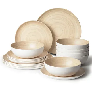 Joviton Home 18-teiliges Bambus-Wirbel-Melamin-Geschirr-Set für 6, Teller und Schüssel-Sets (heller Bambus)