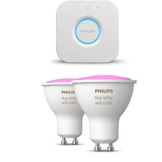 Philips Hue Starterpaket - GU10 - mit 2 Spots - Weißes und Farbiges Licht - inkl. 1 Hue Bridge - Hue White and Color Ambiance
